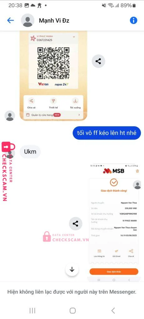 0367231425 VI PHUC MANH MB bị cảnh báo lừa đảo scam