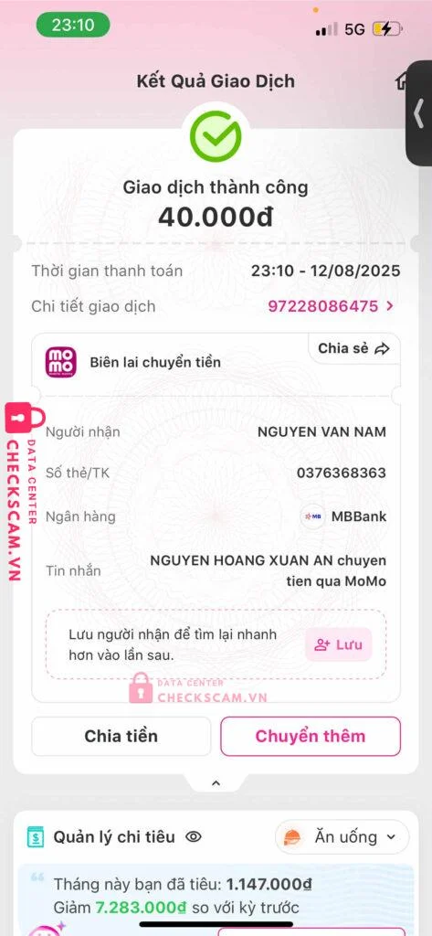 0376368363 NGUYEN VAN NAM MB bị cảnh báo lừa đảo scam