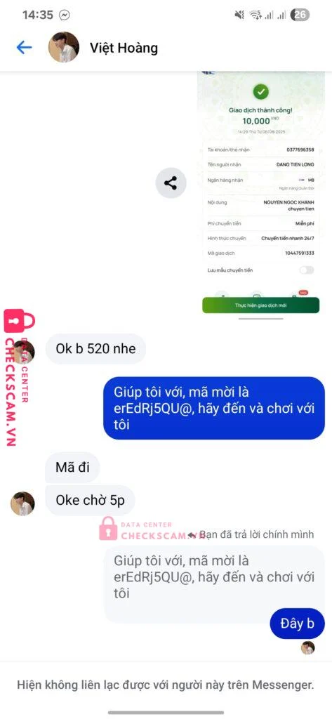 0377696358 DANG TIEN LONG MB bị cảnh báo lừa đảo scam