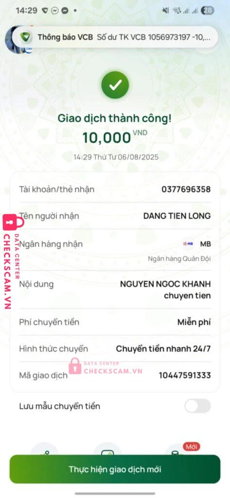 0377696358 DANG TIEN LONG MB bị cảnh báo lừa đảo scam