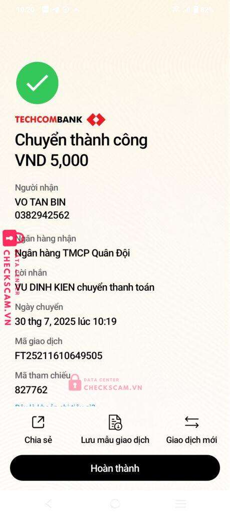 0382942562 VO TAN BIN MB BANK bị cảnh báo lừa đảo scam