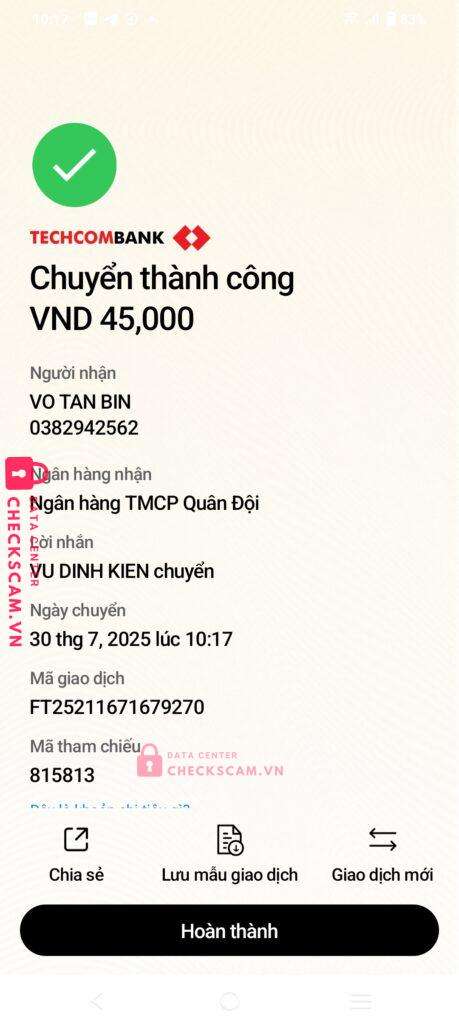 0382942562 VO TAN BIN MB BANK bị cảnh báo lừa đảo scam
