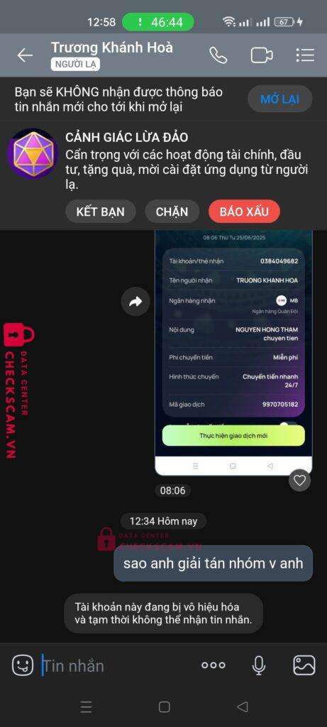 0384049682 TRUONG KHANH HOA MB bị cảnh báo lừa đảo scam