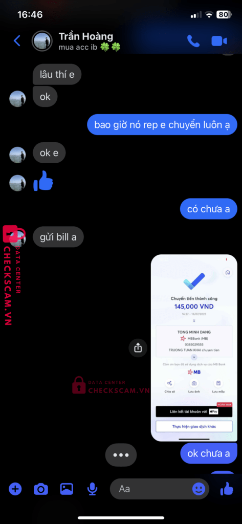 0385029555 TONG MINH DANG MB bị cảnh báo lừa đảo scam