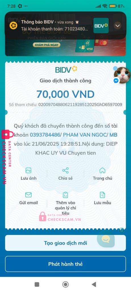 0393784486 PHAM VAN NGOC MB bị cảnh báo lừa đảo scam