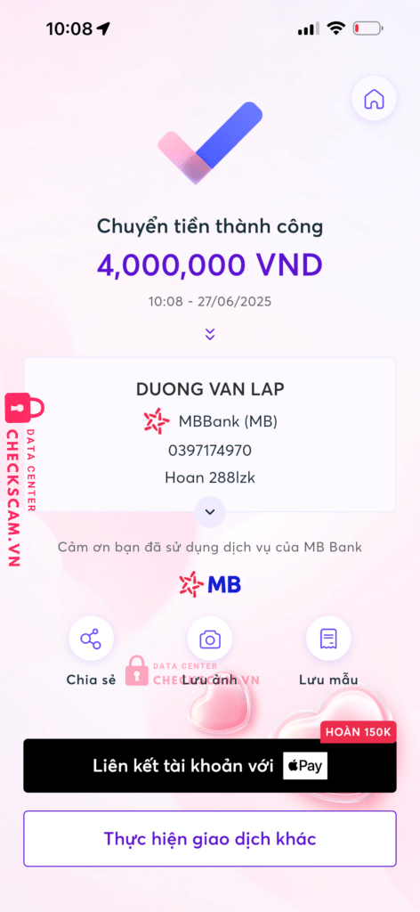 0397174970 DUONG VAN LAP MB bị cảnh báo lừa đảo scam