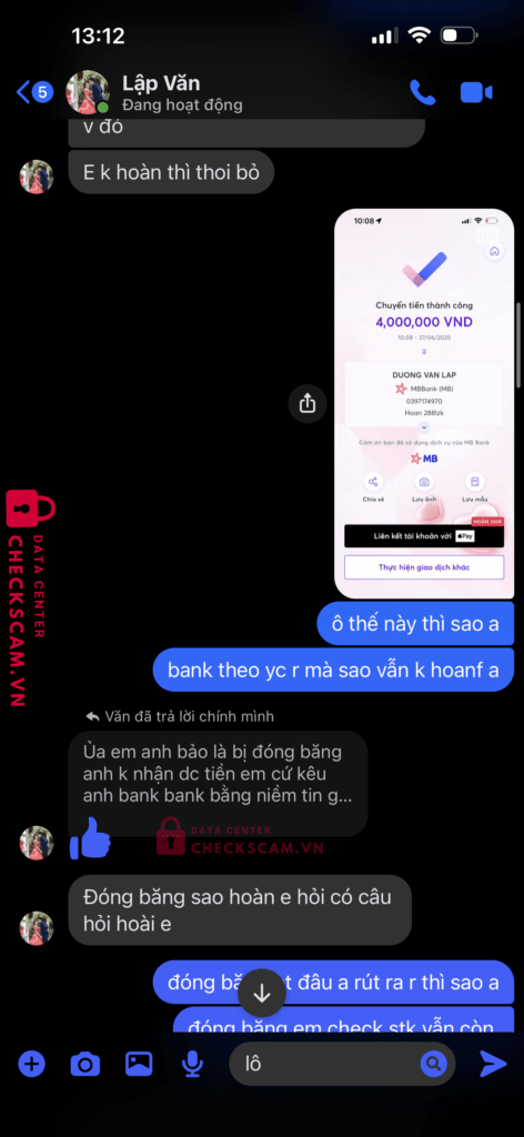 0397174970 DUONG VAN LAP MB bị cảnh báo lừa đảo scam
