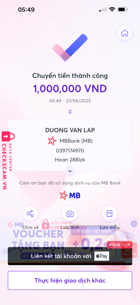 0397174970 DUONG VAN LAP MB bị cảnh báo lừa đảo scam