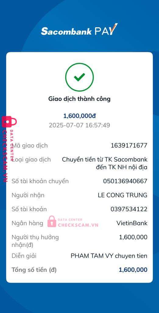 0397534122 LE CONG TRUNG Vietinbank bị cảnh báo lừa đảo scam