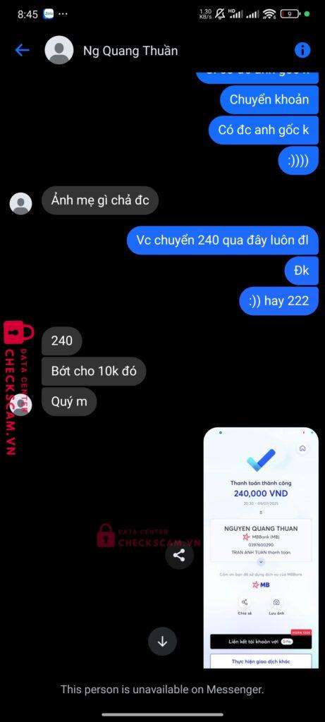 0397600290 NGUYEN QUANG THUAN MB bị cảnh báo lừa đảo scam