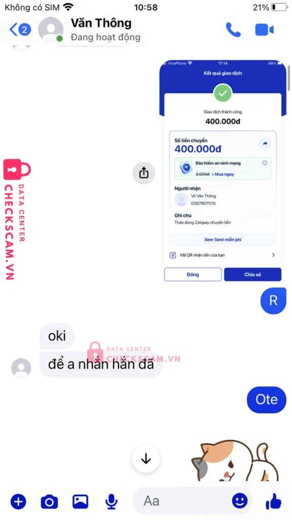0397807510 VO VAN THONG MB bị cảnh báo lừa đảo scam