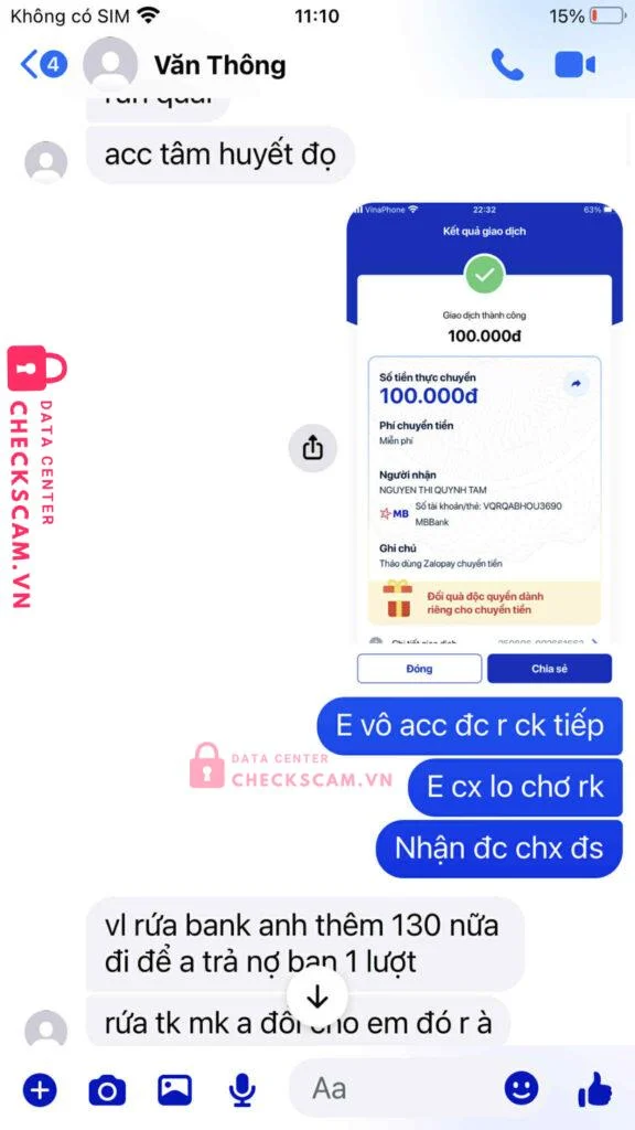 0397807510 VO VAN THONG MB bị cảnh báo lừa đảo scam