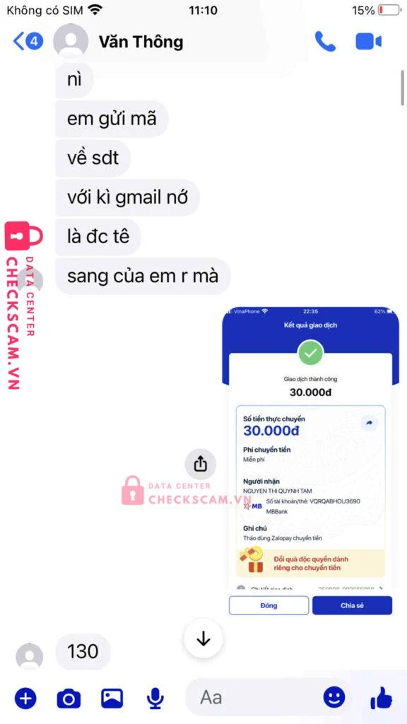 0397807510 VO VAN THONG MB bị cảnh báo lừa đảo scam