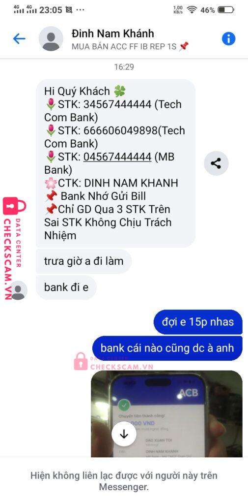 04567444444 DINH NAM KHANH MB bị cảnh báo lừa đảo scam