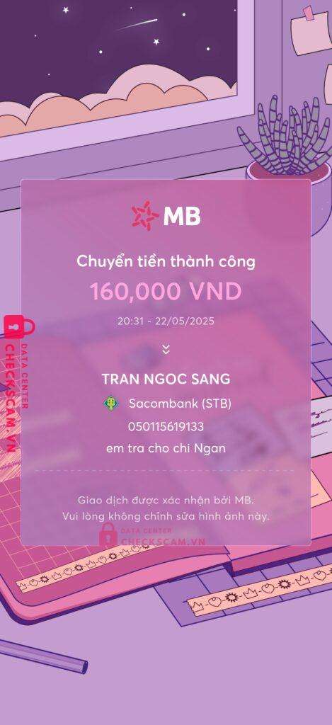 050115619133 Tran Ngoc Sang Sacombank bị cảnh báo lừa đảo scam