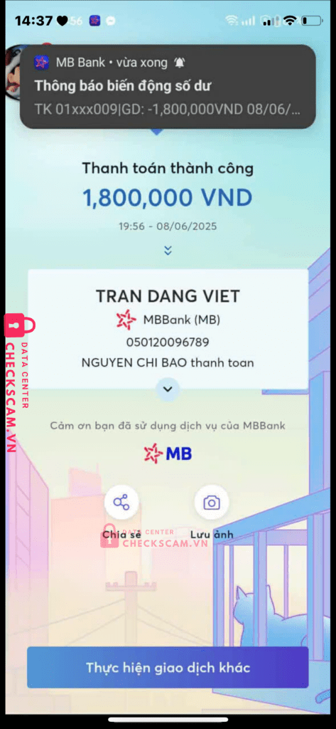 050120096789 TRAN DANG VIET MB bị cảnh báo lừa đảo scam