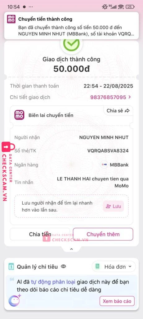 05080797813666 NGUYEN MINH NHUT MB bị cảnh báo lừa đảo scam
