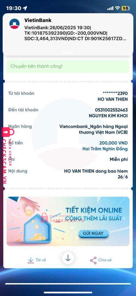 05131002552463 NGUYEN KIM KHOI VCB bị cảnh báo lừa đảo scam