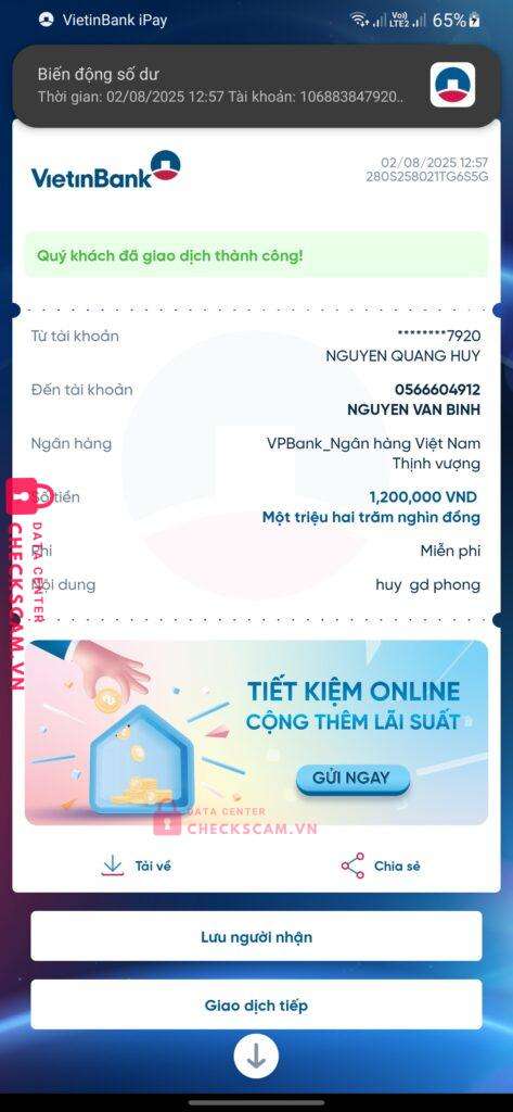 0566604912 NGUYEN VAN BINH VP Bank bị cảnh báo lừa đảo scam