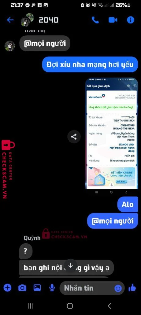 0568657699 HOANG THI KHOA VP BANK bị cảnh báo lừa đảo scam