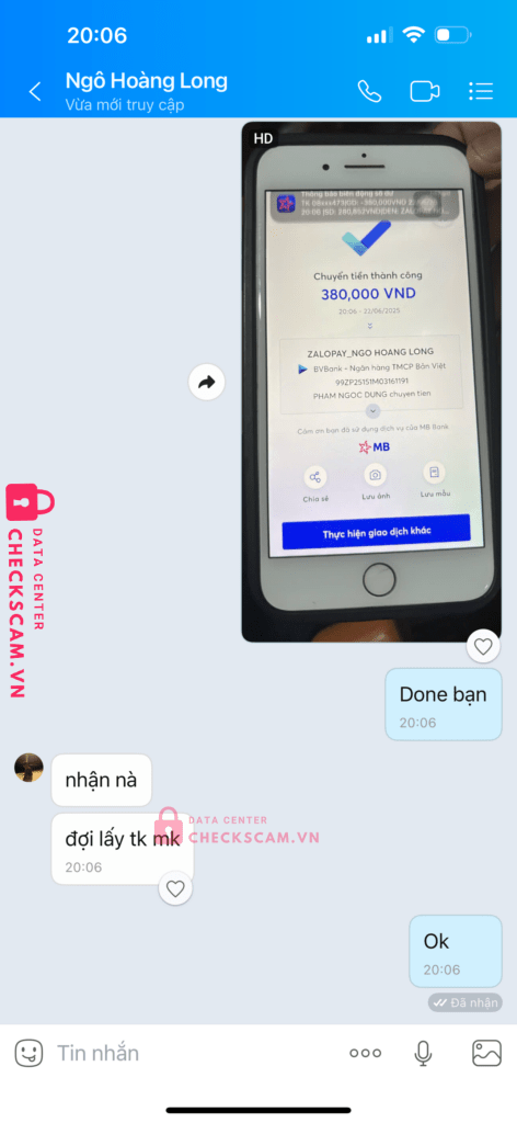 0587106730 NGO HOANG LONG Zalo Pay bị cảnh báo lừa đảo scam