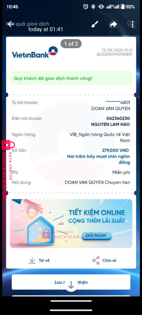062360230 Nguyen Lam Hao VIB bị cảnh báo lừa đảo scam
