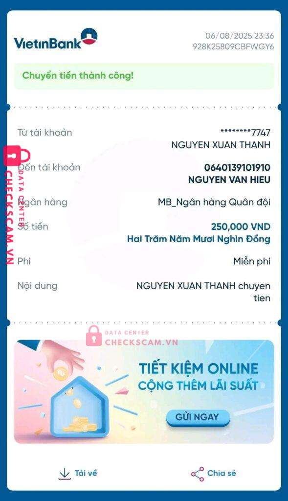 0640139101910 NGUYEN VAN HIEU MB bị cảnh báo lừa đảo scam
