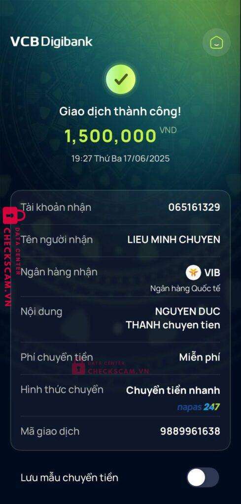 065161329 LIEU MINH CHUYEN VIB bị cảnh báo lừa đảo scam