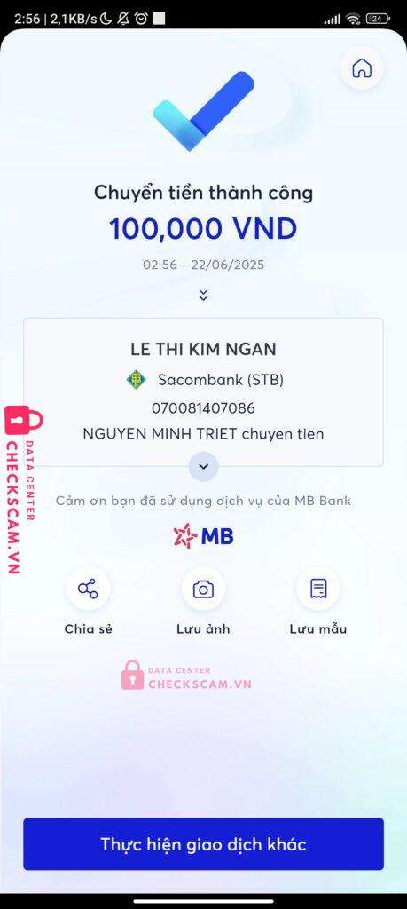 070081407086 LE THI KIM NGAN Sacombank bị cảnh báo lừa đảo scam