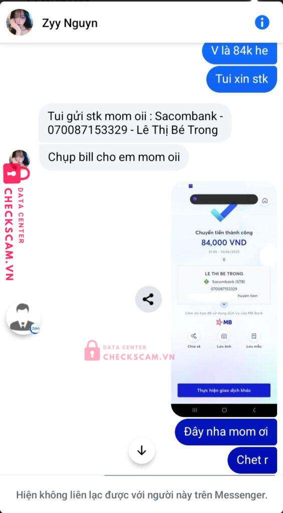 070087153329 LE THI BE TRONG Sacombank bị cảnh báo lừa đảo scam