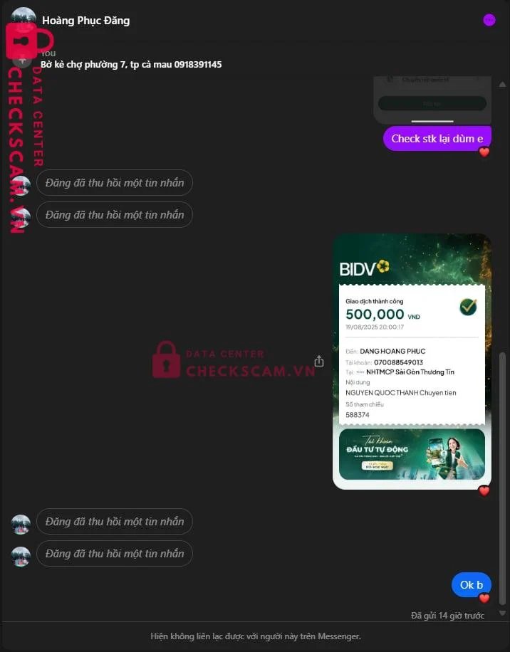 070088549013 DANG HOANG PHUC Sacombank bị cảnh báo lừa đảo scam