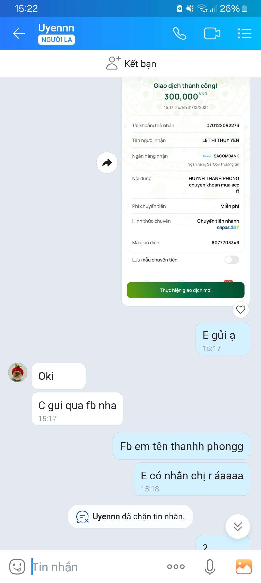 070122092273 LE THI THUY YEN Sacombank bị cảnh báo lừa đảo scam