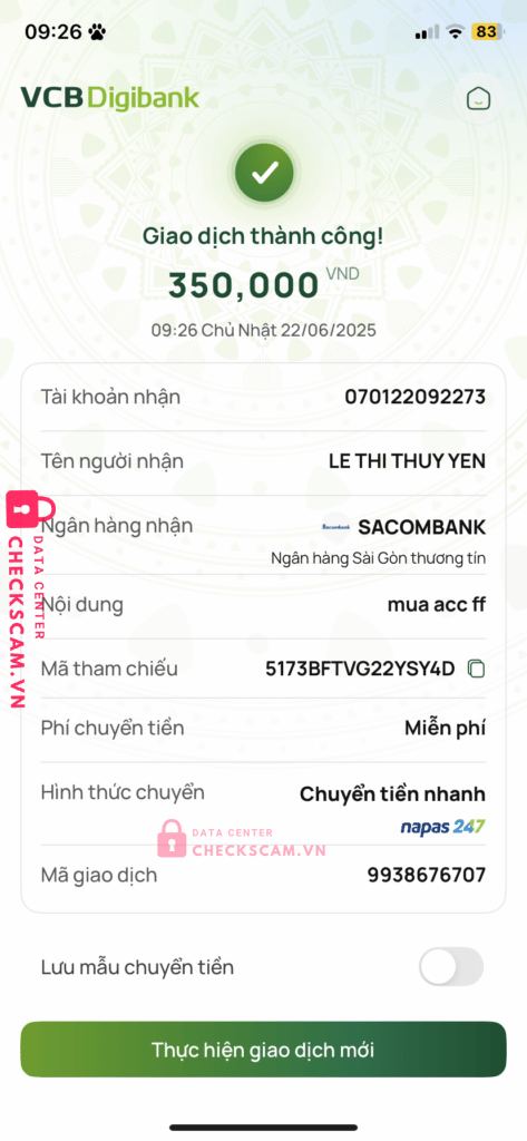 070122092273 LE THI THUY YEN Sacombank bị cảnh báo lừa đảo scam