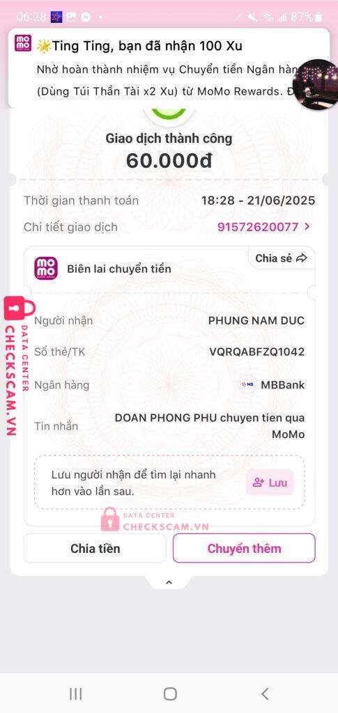 07020904562021 PHUNG NAM DUC MB bị cảnh báo lừa đảo scam