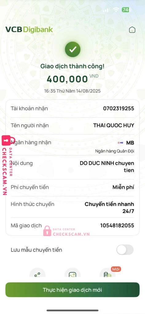 0702319255 THAI QUOC HUY MB bị cảnh báo lừa đảo scam