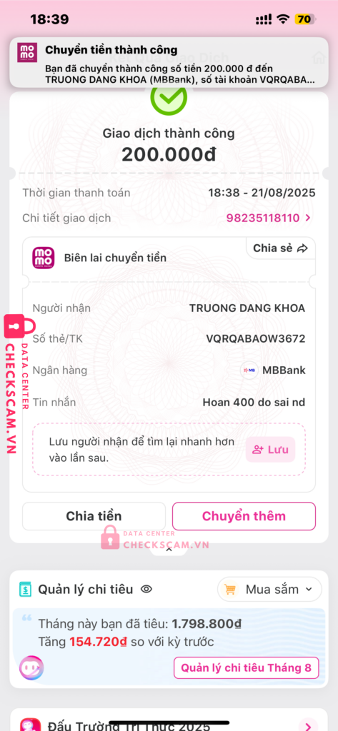 072170279999 TRUONG DANG KHOA MB bị cảnh báo lừa đảo scam
