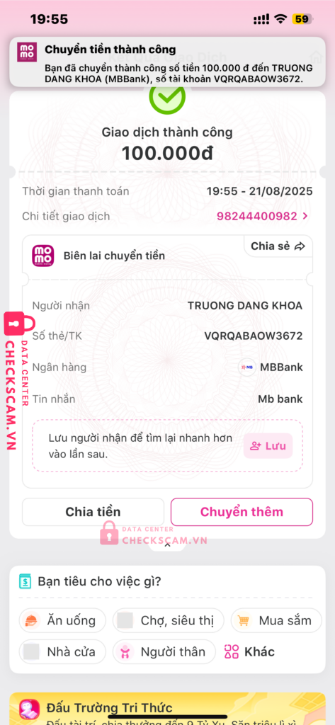 072170279999 TRUONG DANG KHOA MB bị cảnh báo lừa đảo scam