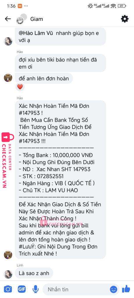 072852551 LAM VU HAO VIB bị cảnh báo lừa đảo scam