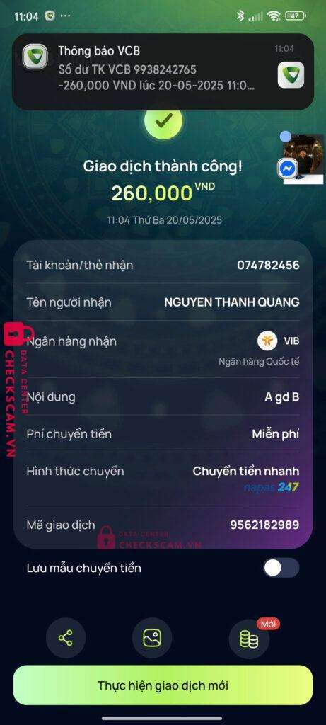 074782456 Nguyen Thanh Quang VIB bị cảnh báo lừa đảo scam