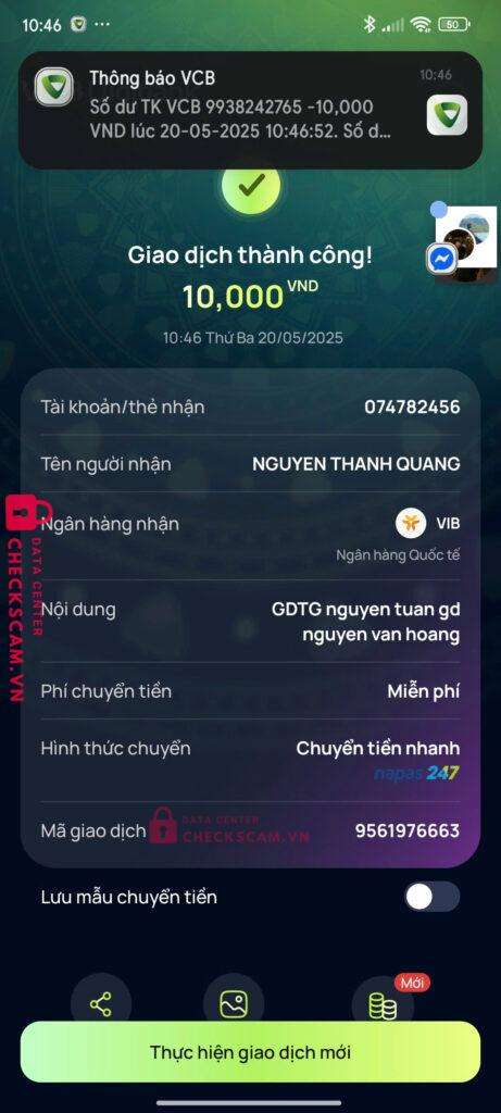 074782456 Nguyen Thanh Quang VIB bị cảnh báo lừa đảo scam