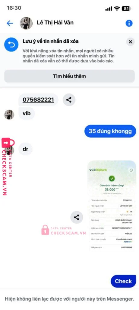 075682221 LE THI HAI VAN VIB bị cảnh báo lừa đảo scam
