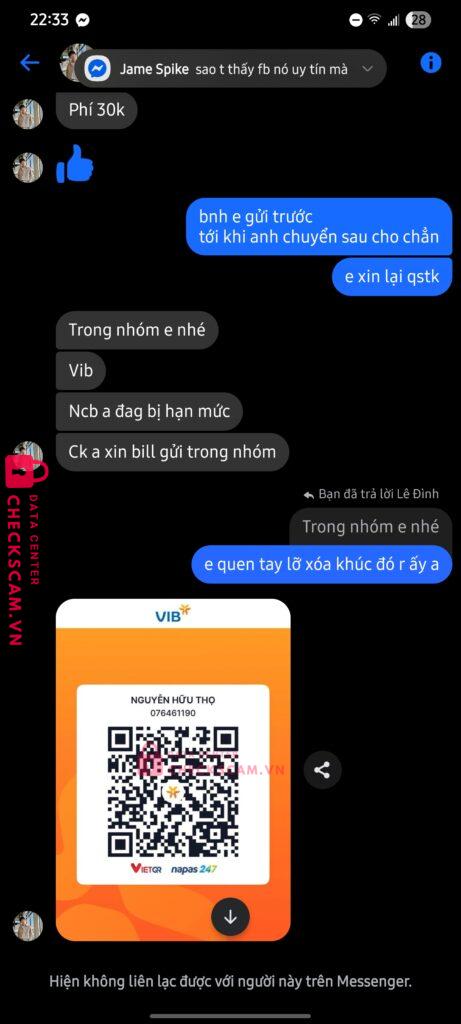 076461190 NGUYEN HUU THO VIB bị cảnh báo lừa đảo scam