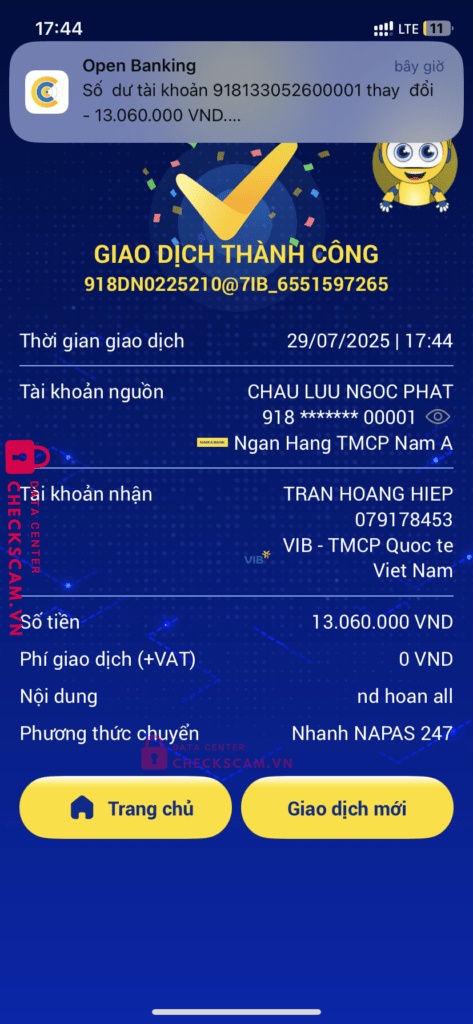 077186483 NGUYEN THI THAO VIB bị cảnh báo lừa đảo scam