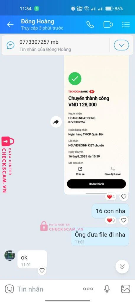 0773307257 HOANG NHAT DONG MB bị cảnh báo lừa đảo scam