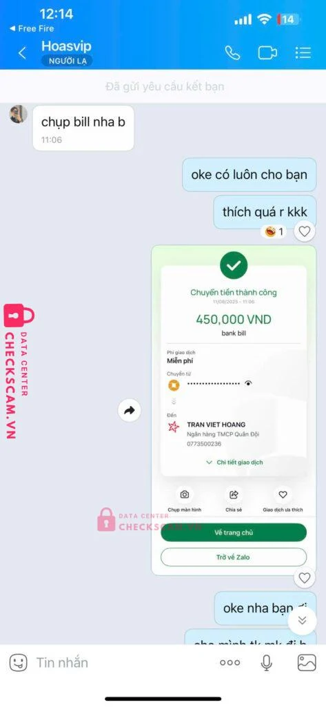0773500236 TRAN VIET HOANG MB bị cảnh báo lừa đảo scam