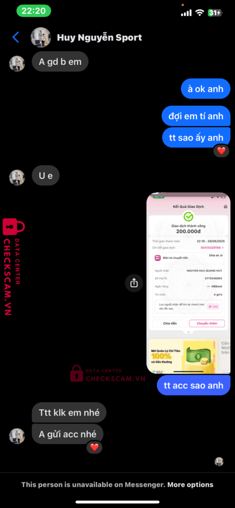0775446994 NGUYEN HUU QUANG HUY MB bị cảnh báo lừa đảo scam