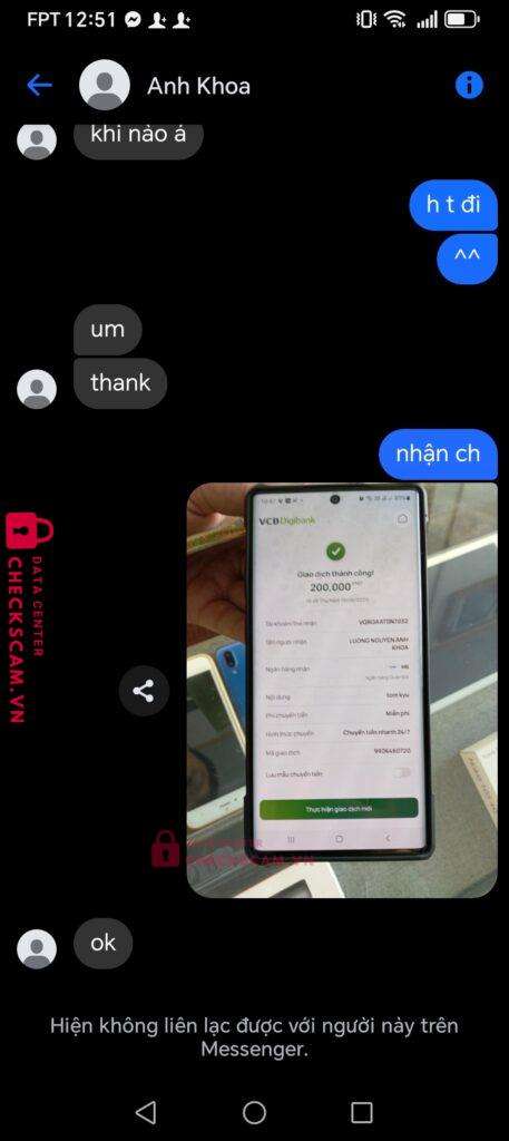 0783630640 LUONG NGUYEN ANH KHOA MB bị cảnh báo lừa đảo scam