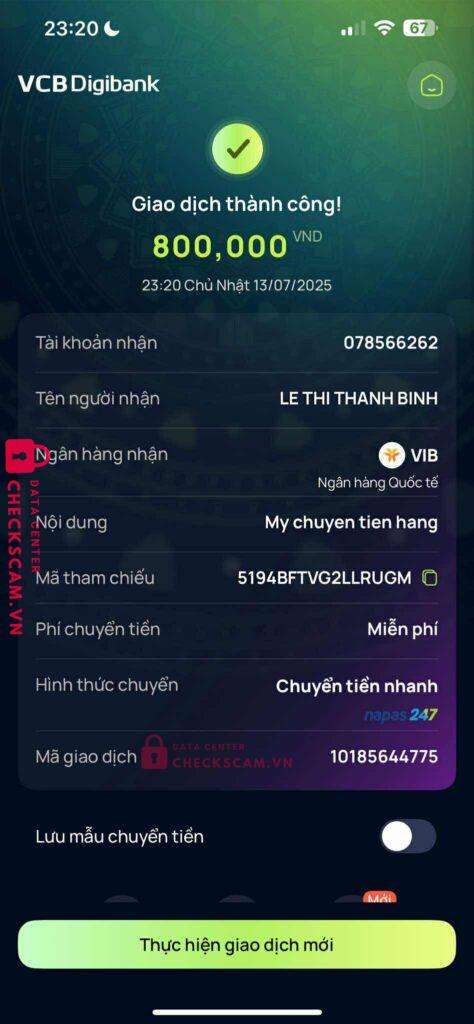 078566262 Le Thi Thanh Binh VIB bị cảnh báo lừa đảo scam