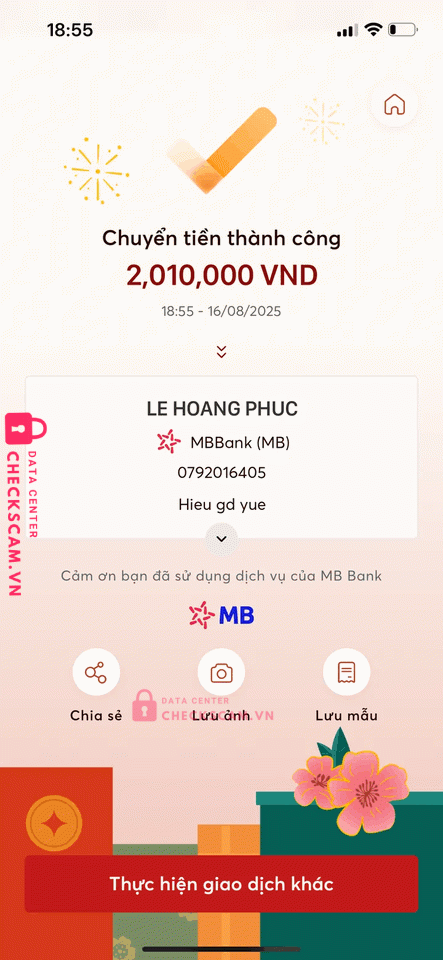 0792016405 LE HOANG PHUC MB bị cảnh báo lừa đảo scam