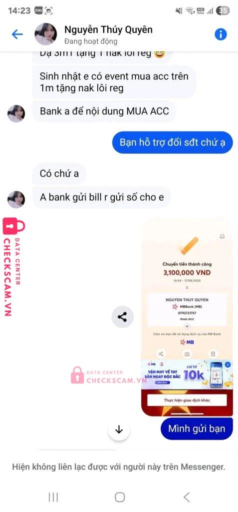 0792721757 NGUYEN THUY QUYEN MB bị cảnh báo lừa đảo scam